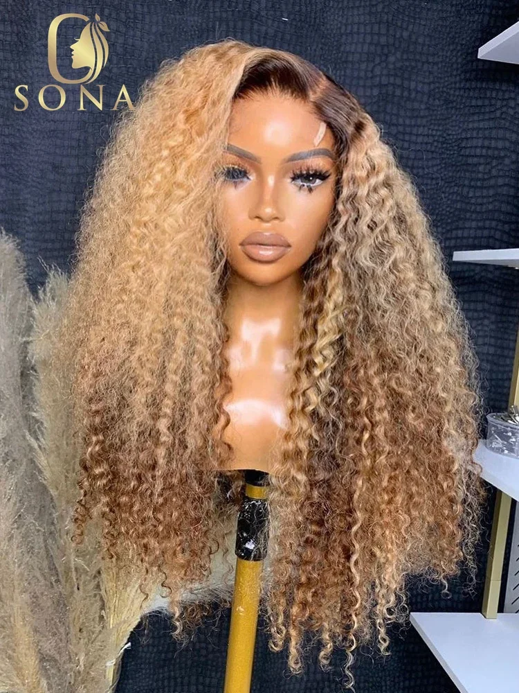 13x4 Ombre Honey Blonde Highlight Lace Frontal Wig 13X6 HD Transparent Jerry Kinky Curly Human Hair Wigs with Dark Roots 27#