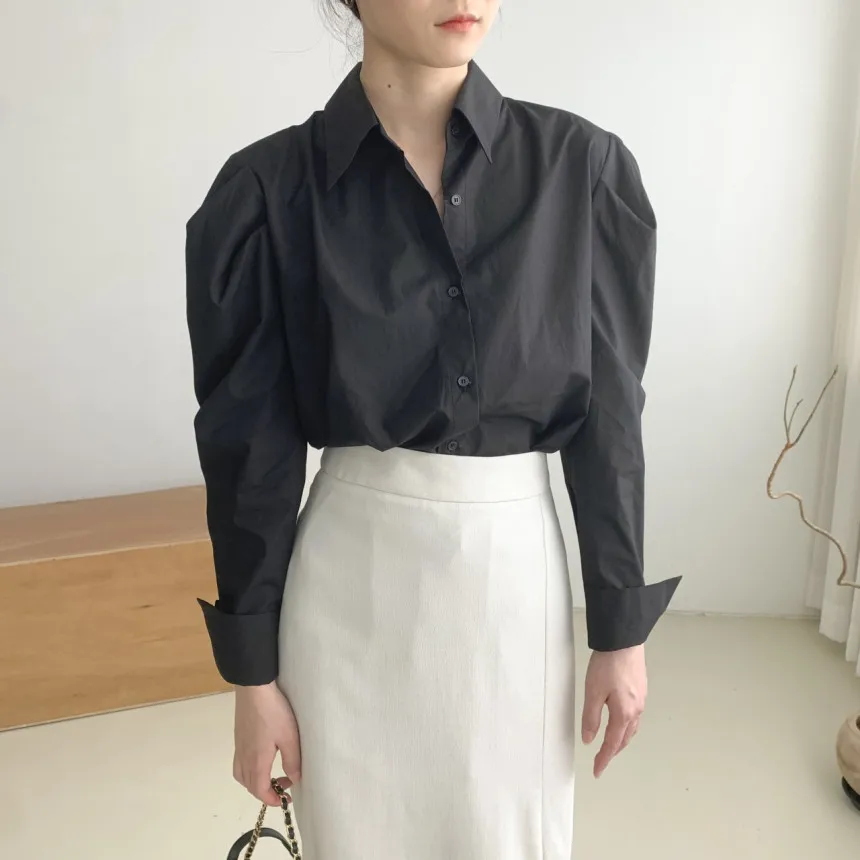 

Simple Basic Solid Color Slim Woman Blouse Autumn Korean French Simple Women Blouse Casual Fashion Light Blue White Black Top