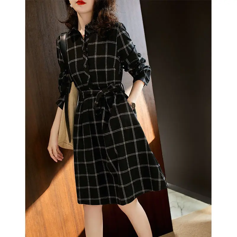 Elegant Fashion Plaid Striped Belt Dresses Spring 2024 New Long Sleeve V-Neck Loose Pullovers Tunic Midi Dress Women's Clothing