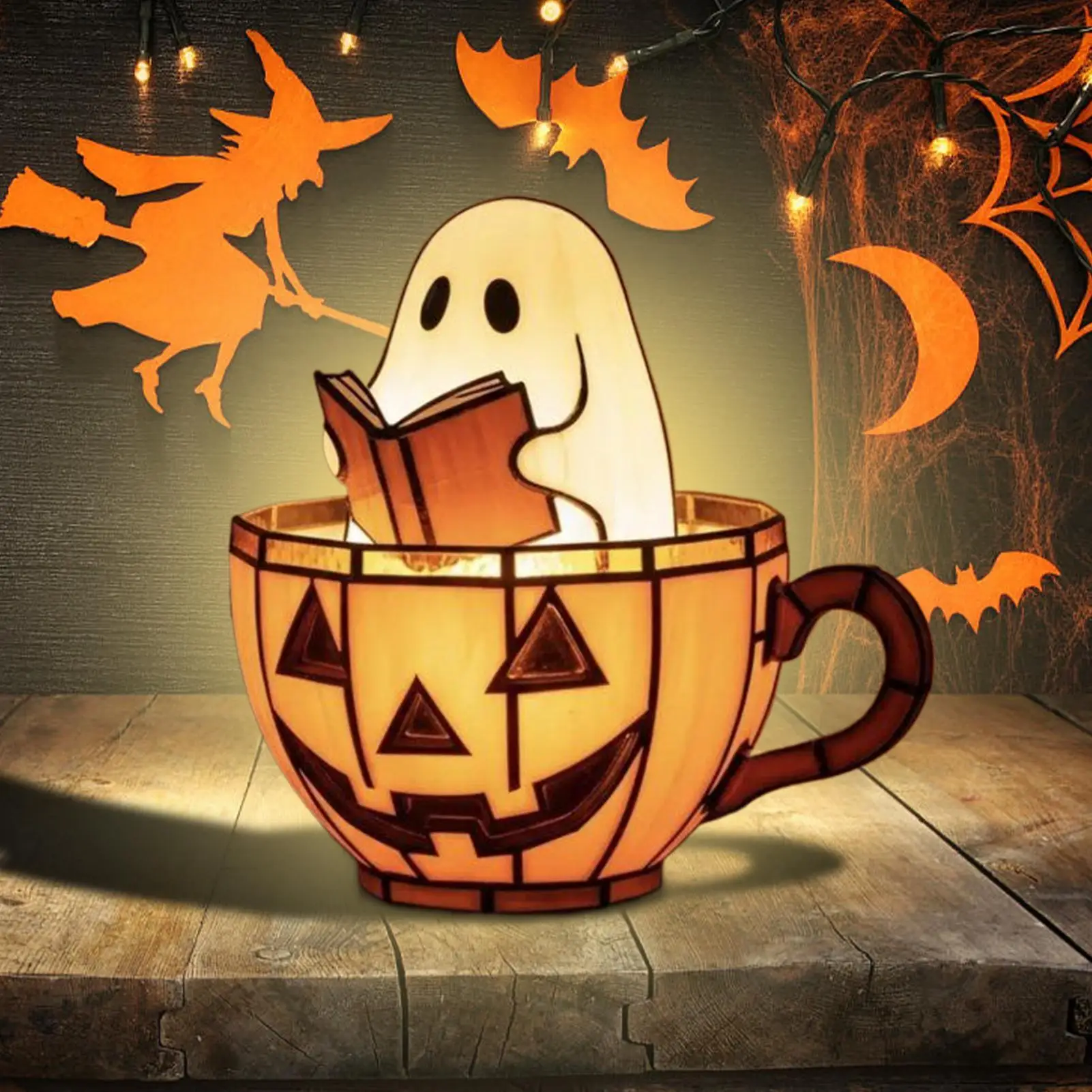 Halloween Ghost Light Cute Ghost Reader Pumpkin Led Light Resin Nightlight Desk Display Ornament for Tabletop Bedroom Outdoor