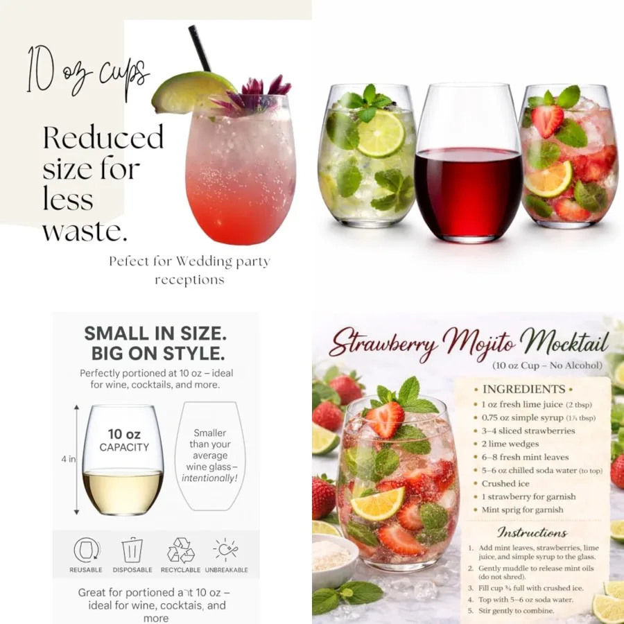 

48 piece 10 Ounce Stemless Unbreakable Crystal Clear Plastic Wine Glasses Small Size Cups 10 Ounces