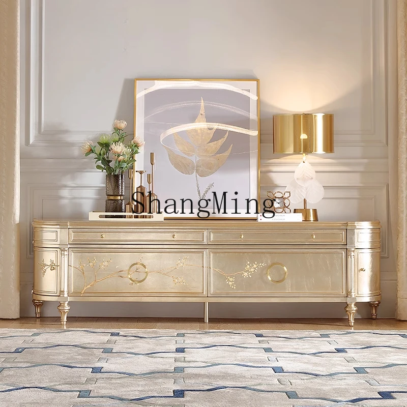 FG premium fine light luxury solid wood painted silver foil TV cabinet palace retro storage locker with drawer home villa
