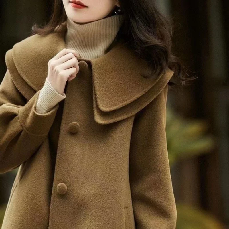 2024 New Autumn Winter Korean Wool Jacket Women Mid length Casual Single Breasted Female Woolen Outerwear Ladies Overcoat