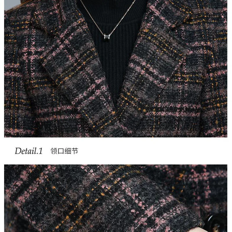 Women Clothing Plaid Wool Coat Autumn Winter Mid-Long Slim 6XL Jackets Female Double Breasted Elegant Chic Woolen Outerwear XQ72