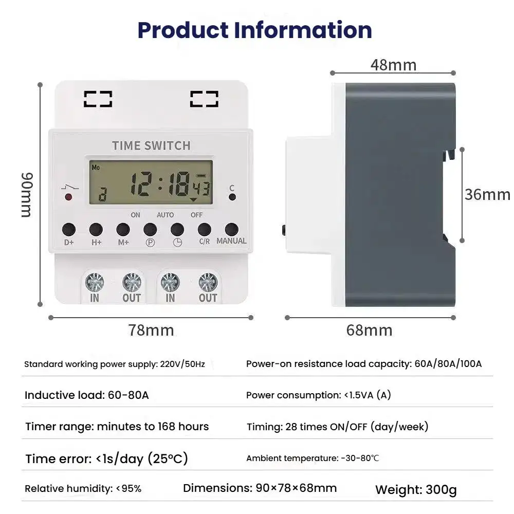 Timer 220V 60A-100A, Digital Timer Switch Relay, Weekly 7 Days Electronic Programmable Timer