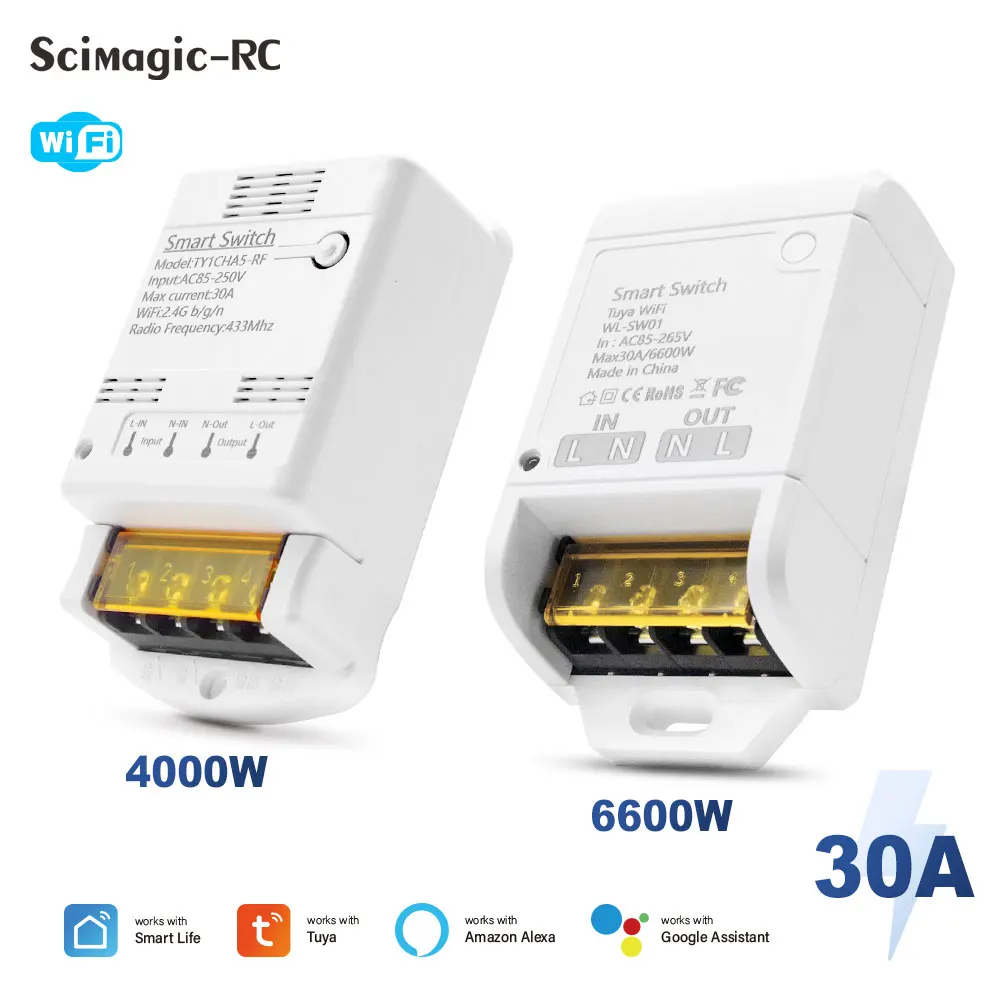 

Умный выключатель Tuya Wi-Fi, 4000 Вт/6600 Вт, 30 А, 20 А, релейный модуль, 12 В, 24 В, 220 В, RF433, приемник, дистанционное управление через приложение, таймер, совместим с Alexa
