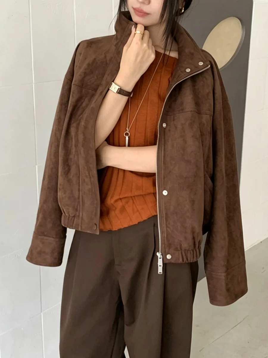 PUAL Women High Neck Faux  Zip Up Elastic Hem Drop Shoulder Long Sleeve Loose Casual Short Outerwear Coat