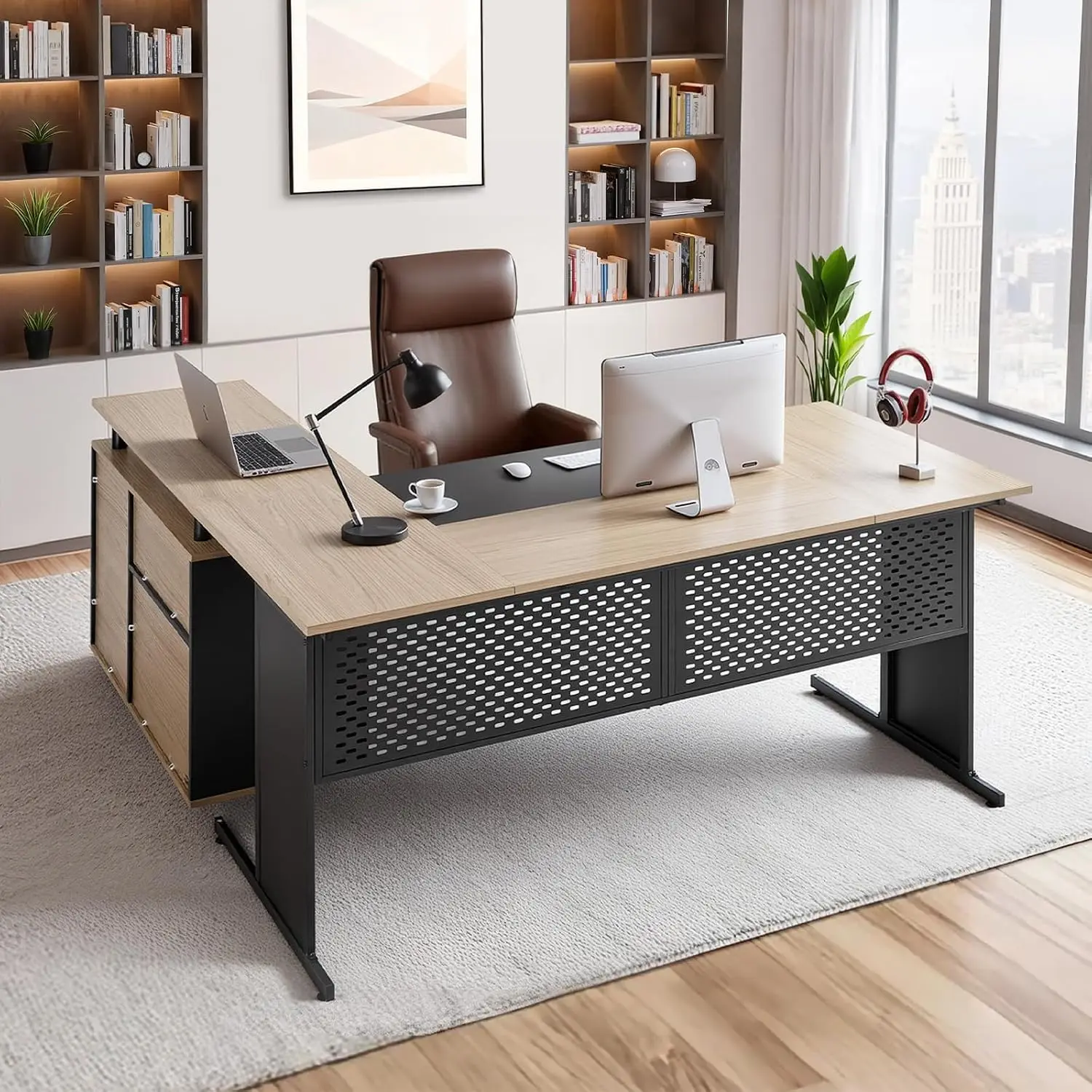 L-Shaped Executive Desk With Drawers & File Cabinet, 350 LBS Load Capacity Corner Workstation For Home Office, 63