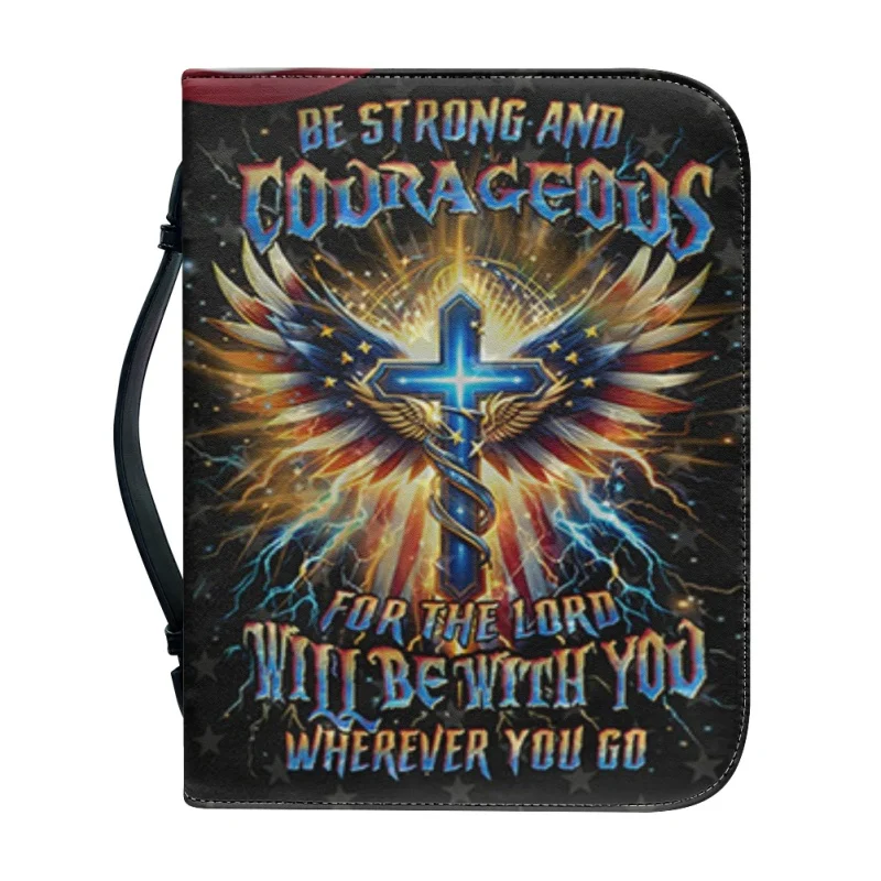 Be Strong And Courageous Cross Win Bible Personalized Print Church Bible Cover Case PU Handbags Study Book Holy Storage Boxes