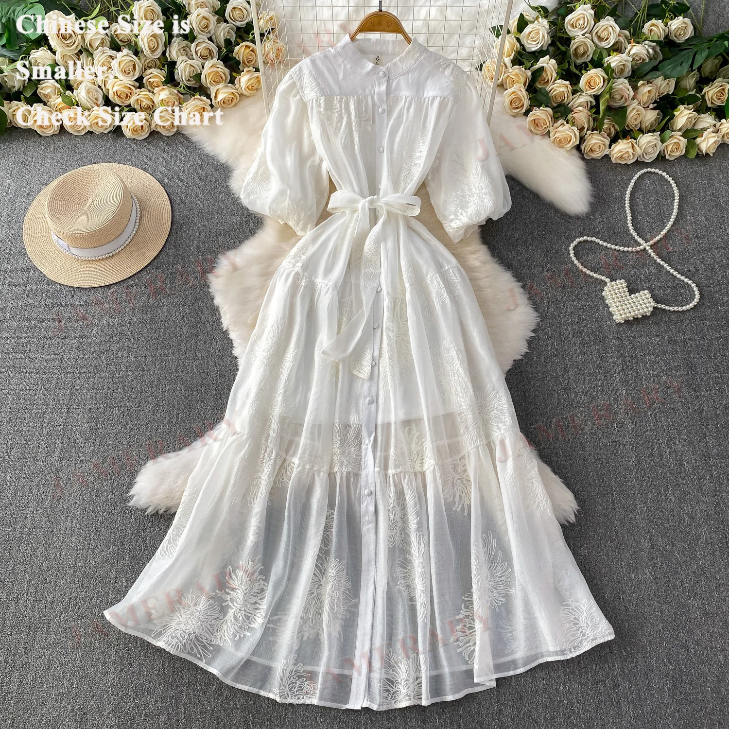 Eleganckie letnie sukienki z krótkim rękawem, haftowane, długie, damskie, luźne, w dużych rozmiarach, o kroju litery A, zapinane na guziki, jesienne sukienki na studniówkę/imprezę, koszulowe.