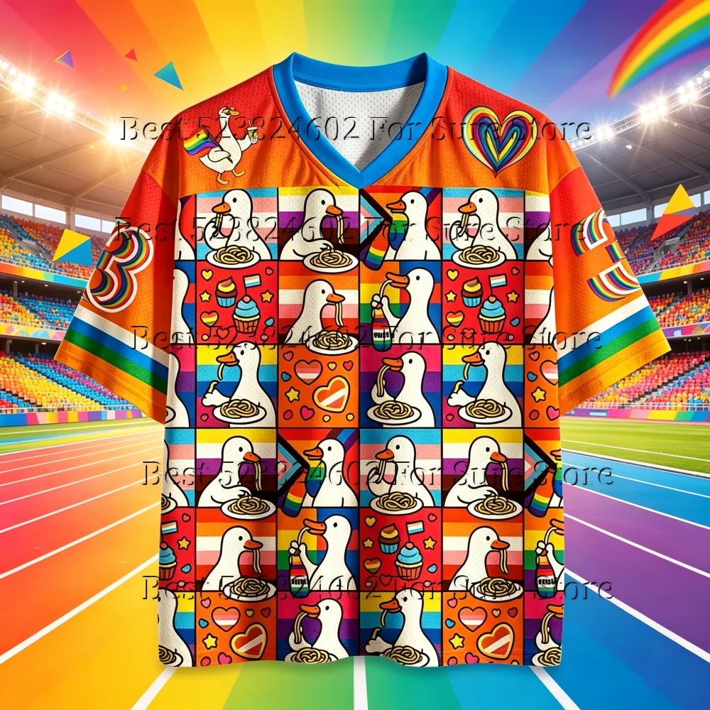 Summer V Neck Jersey T-shirt Cute Cartoon Duck Dinner Short Sleeve Wave Art Streetwear Sports Uniform Tee Unisex Casual Top
