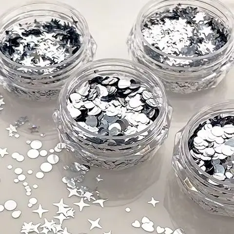 Shiny Silver Sequins Nail Art Stickers 1 Jar Mix Shapes Starlight Love Star Slice Manicure Paillette Charms for DIY Beauty