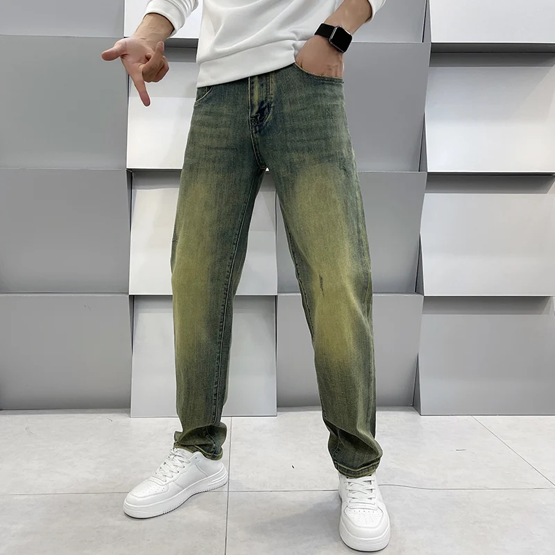 Jeans reto solto masculino, calça casual, amarelo, cor de lama, retrô, angustiado, tendência de rua, nostálgico, high-end, todos os jogos