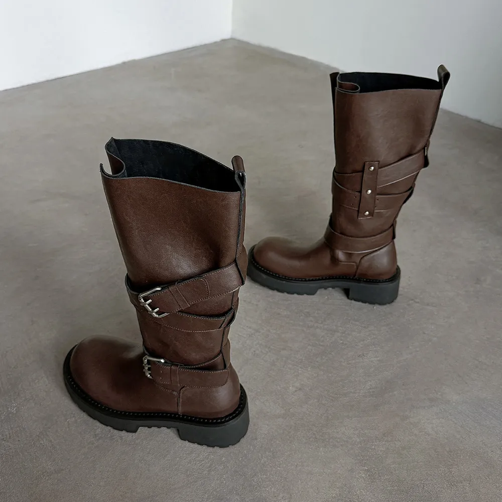 Aucegi Genuine Leather Platform Block Heels Women Belt Buckle Slip-On Knee High Boots Round Toe Fashion Modern Commuter Shoes