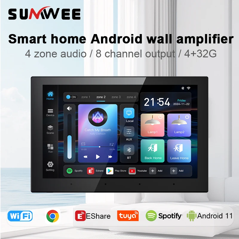 8 inch touch screen 4 zone audio wall amplifier tuya smart home bluetooth sound music control panel 8*30W RJ45 Android 11 system