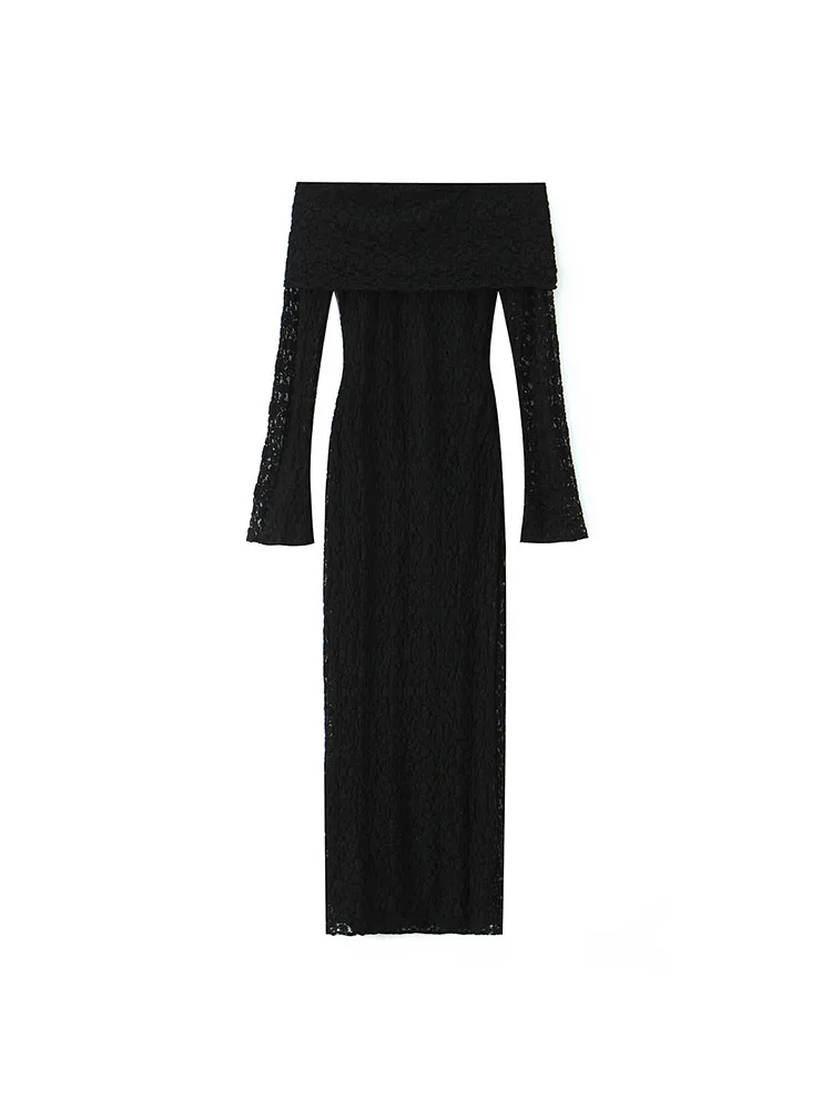 Hh feminino 2025 nova moda elegante preto sexy renda tubo superior vestido de manga longa temperamento feminino longo magro festa sem mangas vestido
