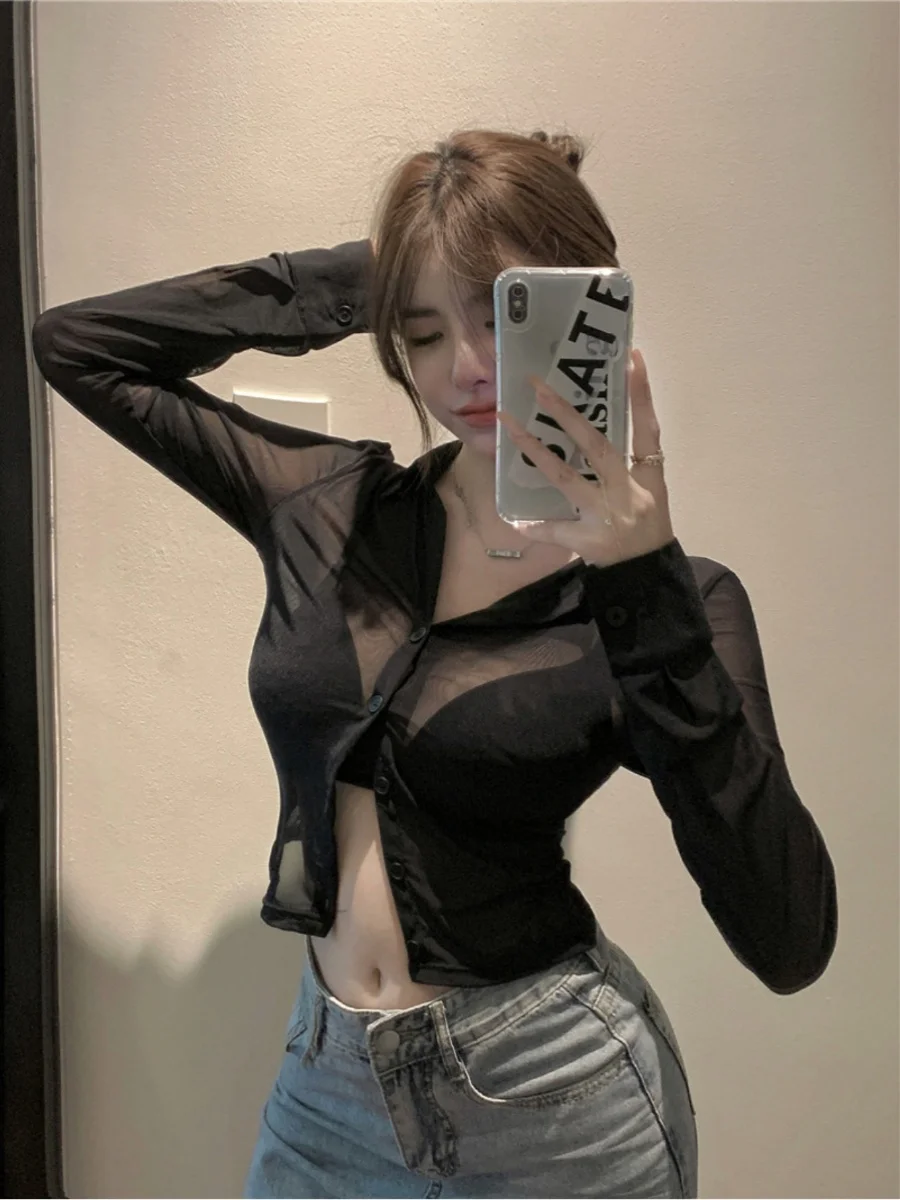 

Bla Lace irt Sexy Thin Sun Protection Women's Summer New Pure Desire Versatile Slim ort Top Korean Sle Long Sve Po...