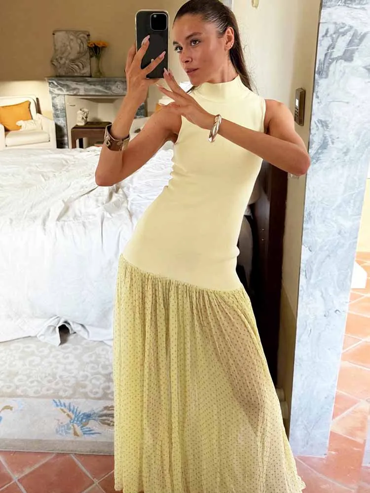 BKQU Elegant Spliced Mesh Polka Dot Long Dress Women 2025 Summer Turtleneck Sleeveless  Slim A-Line Pleated Vacation Maxi Dress