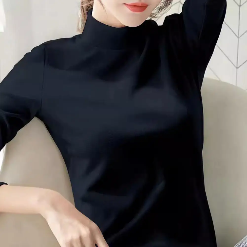 

Solid Color Long Sleeve Top Cozy Stylish Women's Winter Pullover Warm Windproof Slimming Half-high Collar Knitwear for Fall