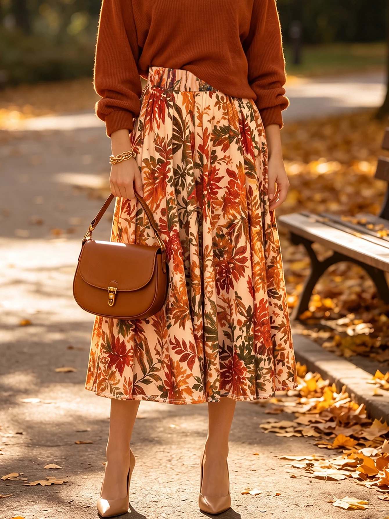 Women Fall Floral Midi Skirt Elastic High Waist A Line Flowy Skirt Casual Vintage Printed Midi Skirts for Daily Party Wear