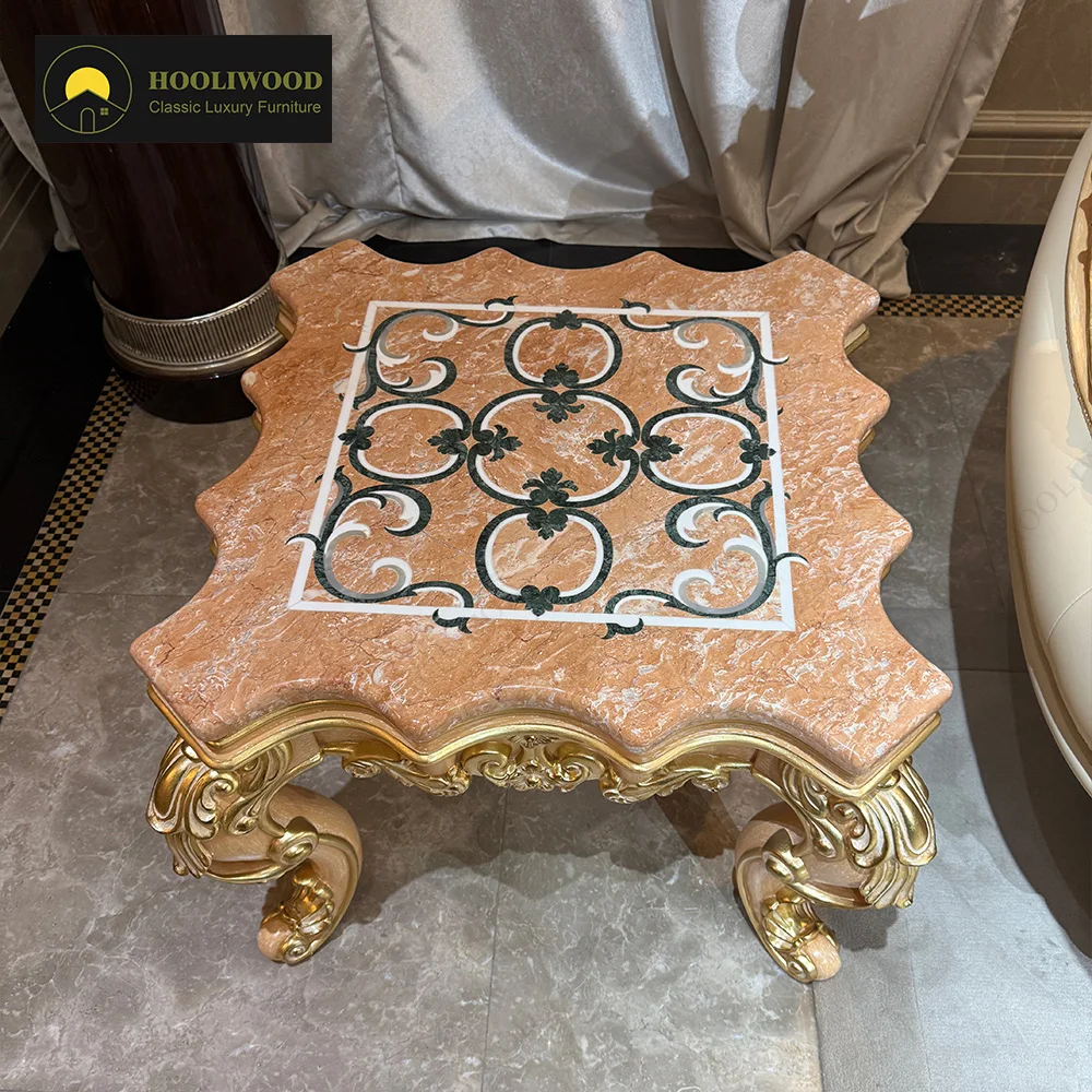 #Luxury Ornate Corner Table Pink Marble Top Gold Carved Legs Elegant Classic Design Coffee Table For High-End Homes Villa