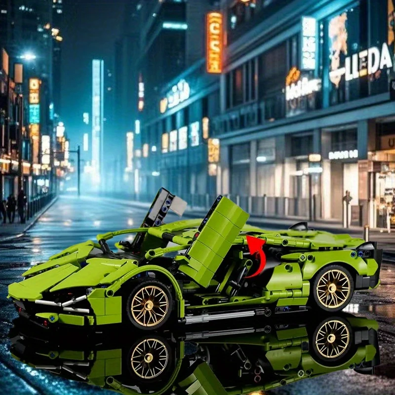 1200PCS 1:14 녹색 스포츠카 빌딩 블록 모델 장난감 작은 입자 벽돌 슈퍼 자동차 컬렉션 장식품 소년 어린이 선물