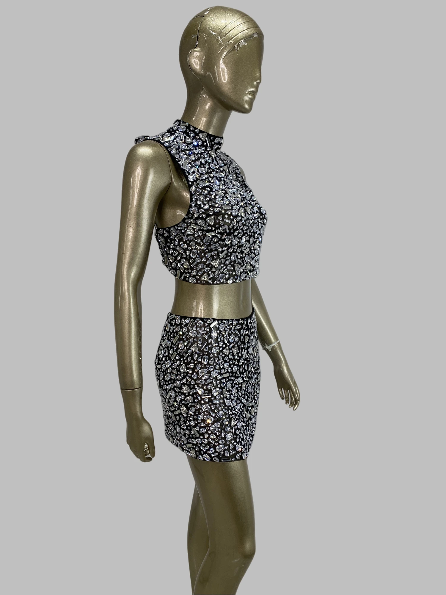 Women Luxury Evening Club Party Outfits Sexy Bright Rhinestones Black Mesh Backless Tops Mini Skirt Two Pieces Sets Nightbar