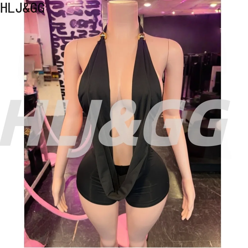 

HLJ&GG Sexy Two Piece Outfits Woman Halter Sleeveless Backless Crop Top and Shorts Matching Female Streetwear Clothing Spring