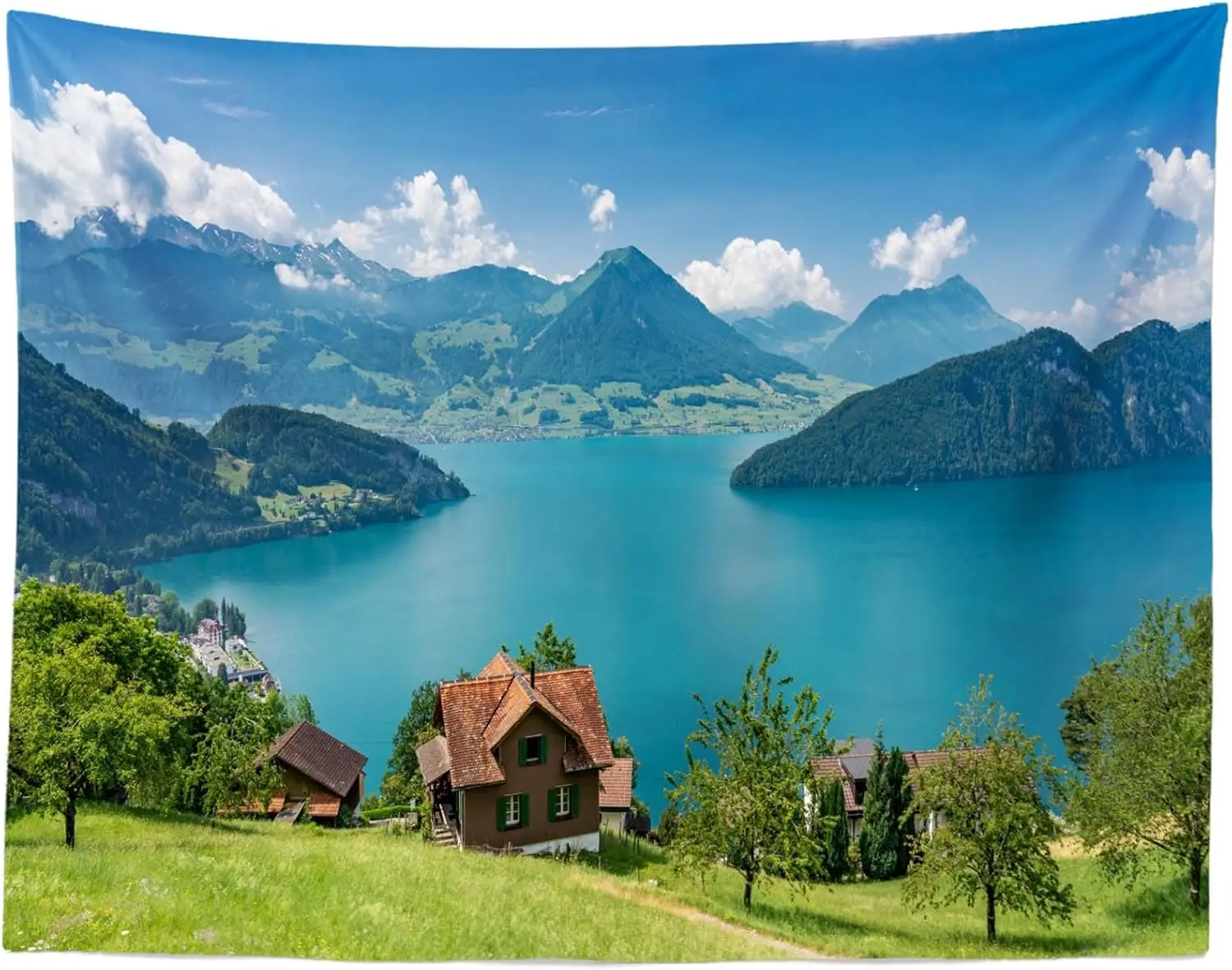 Mountains Lake Tapestry Green Alps and Lake Lucerne Switzerland Natural Scenery Wall Hanging Tapestry for Europe Travel Wedding