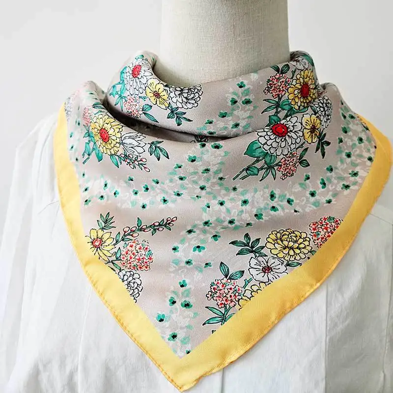 Yellow Border Floral Print 100% Pure Silk Scarf For Women Lightweight Soft Spring Summer Neck Scarf Fashion Casual Party Travel