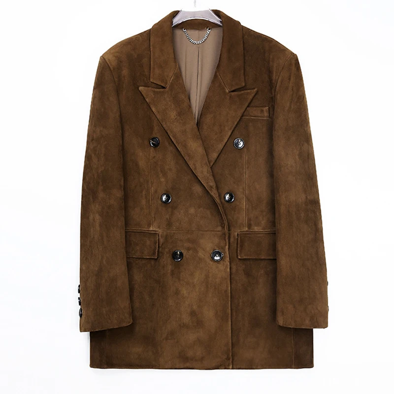 100% Genuine Leather Blazer Coat for Women Classic Retro Premium Suede Goatskin Female Double Breasted Oversized Blazer Outwear