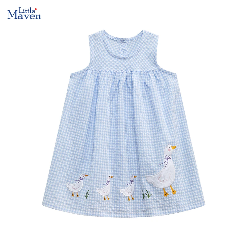 Little Maven 2024 Kids Clothes Summer Lattice Dress Baby Girls Clothes Cartoon Ducks Dresses Children\'s Clothing Vestidos Cotton