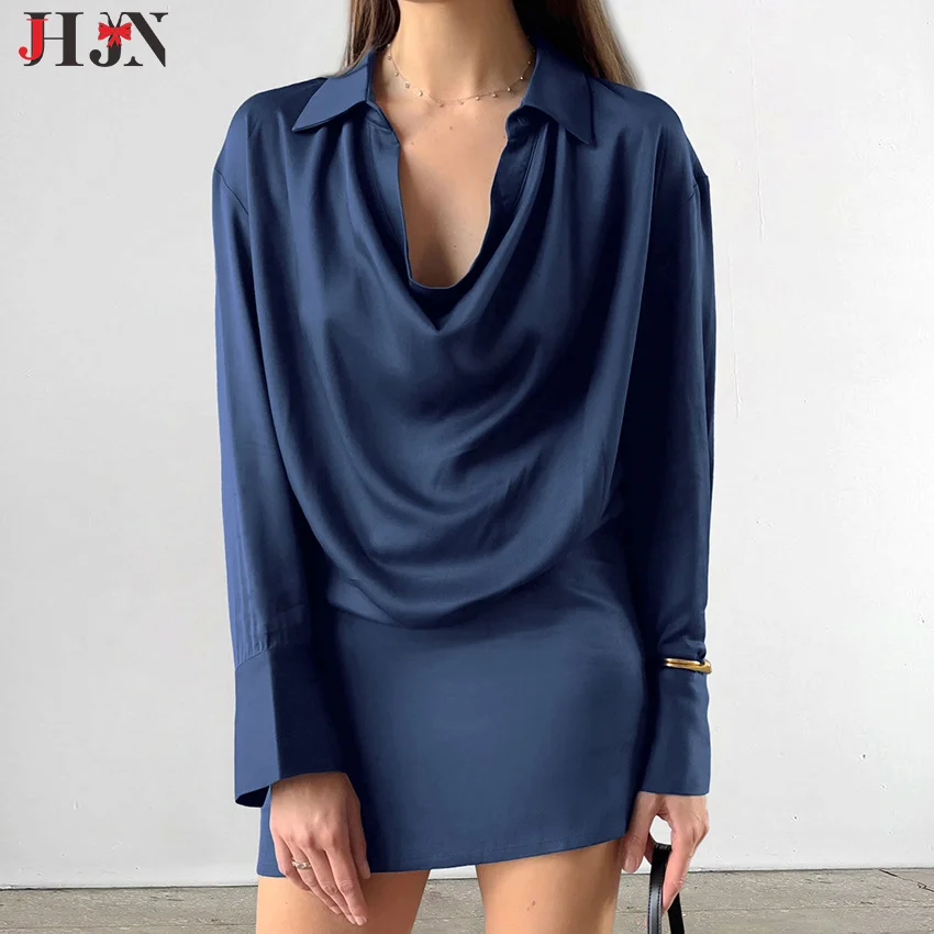 Elegancki niebieski temperament Czucie cienkiej i miękkiej matowej satyny Nieregularny kształt kołnierzyka Długie rękawy Kultywuj swój charakter moralny