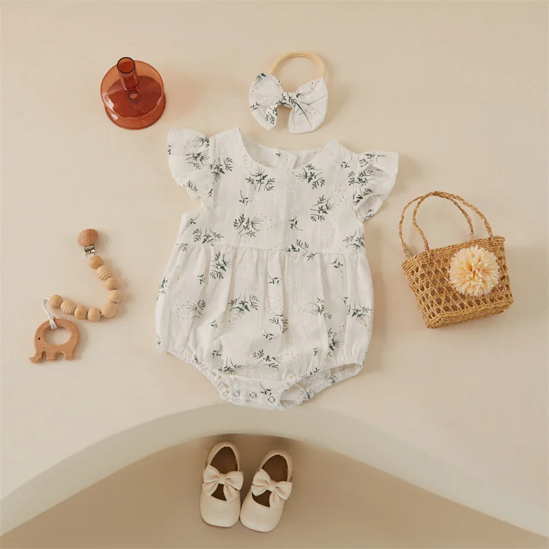 Tregren 0-24M Cute Summer Baby Clothing Toddler Girls Cotton Fly Sleeve Floral Print Romper Top Hair Band 2pcs Outfits