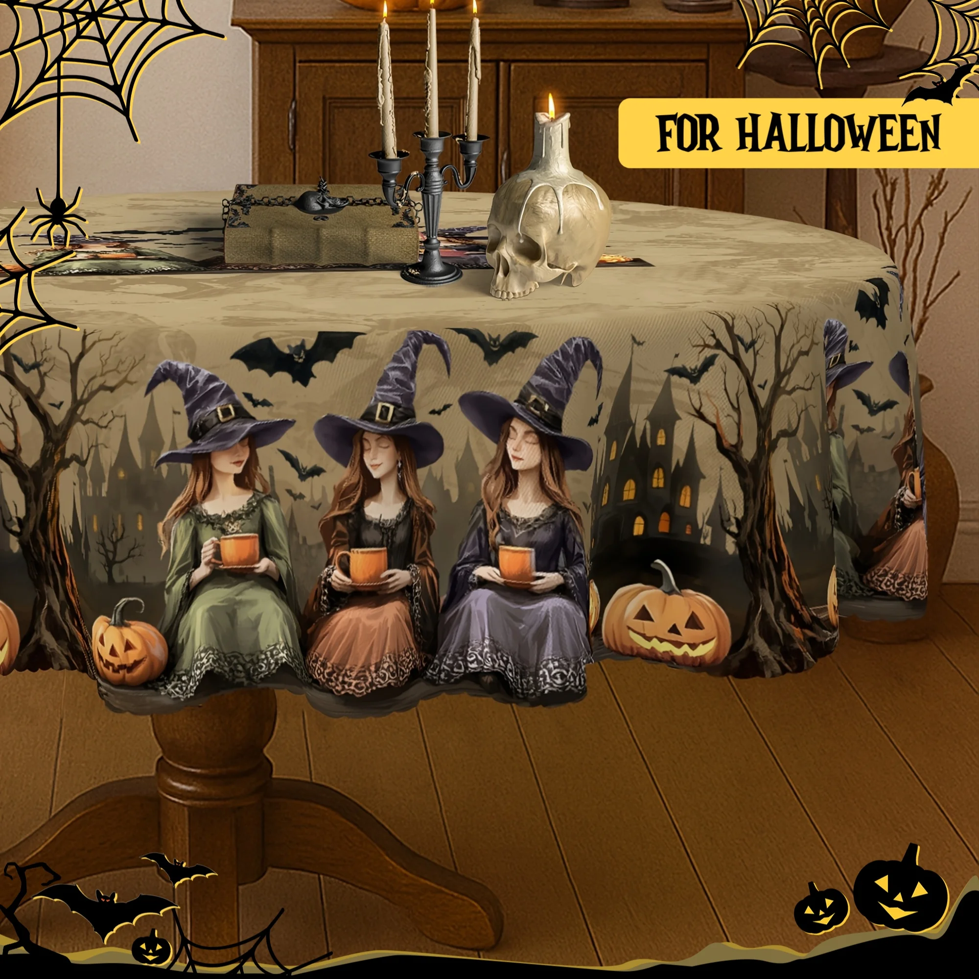 1 piece, vintage Halloween tablecloth, witch castle design - brown skull background