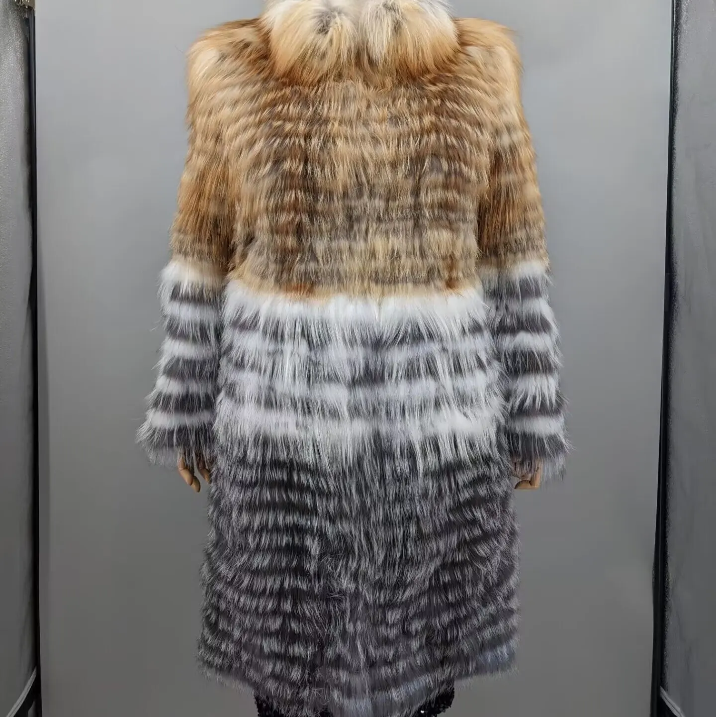 Real Fox Fur Striped Coat Women Black Gradient Long Sleeve Lapel Collar Luxury Open Front Outerwear