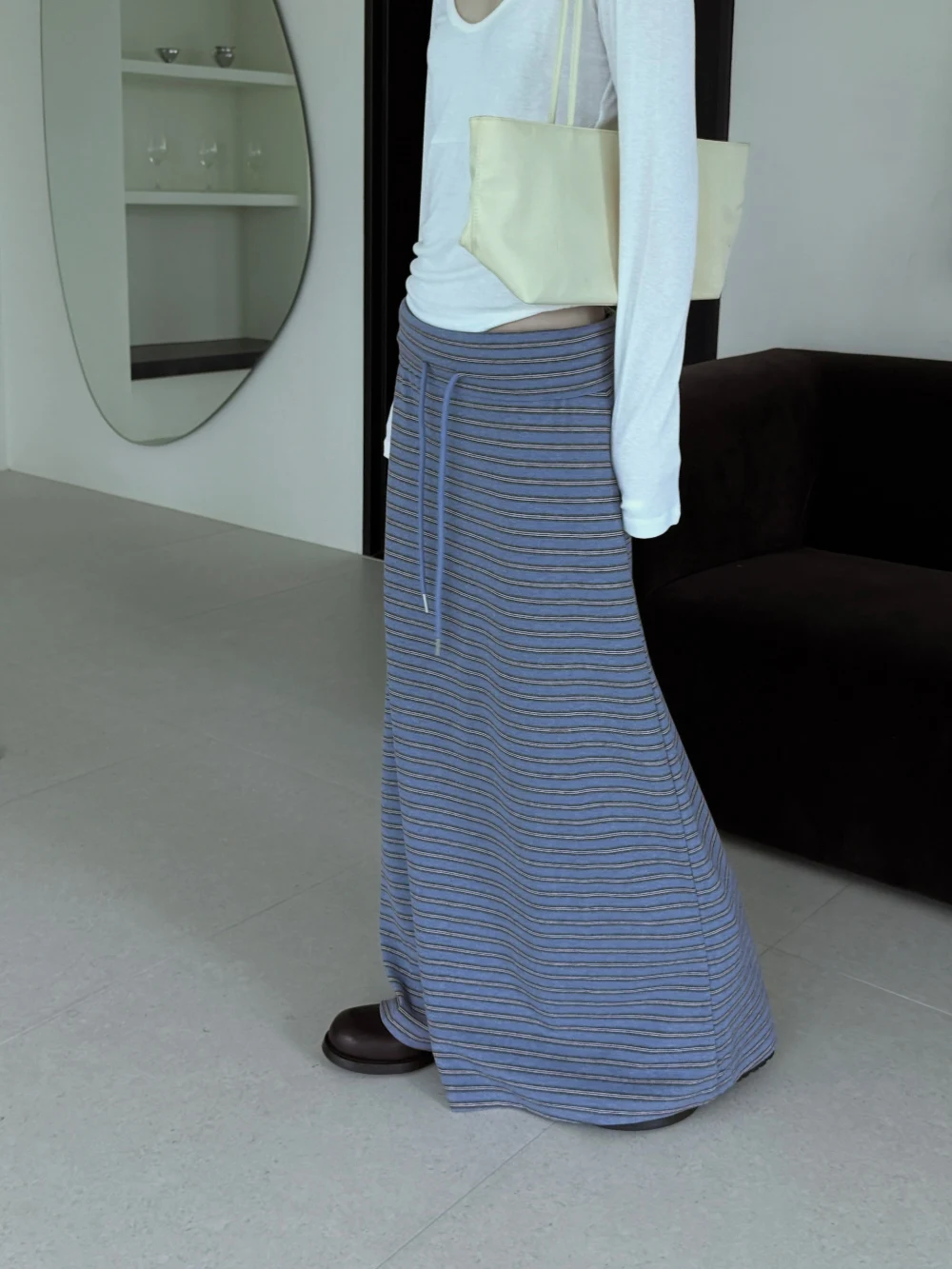 High Waist Half Skirt Women's Drawstring Stripe Color Block Retro Style A-Line Skirt Fashionable Ladies' Cotton Blend Skirt
