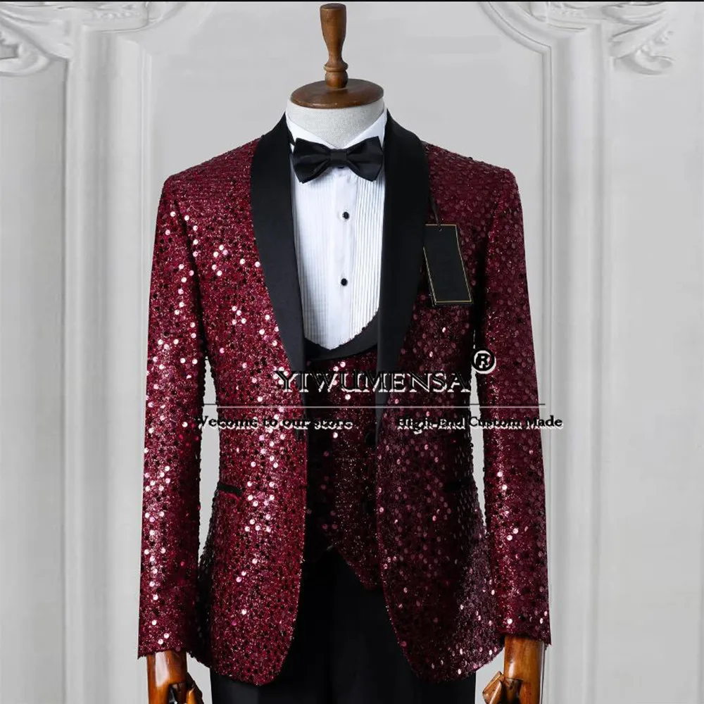 Burgundy Velvet Sequins Suits Men For Wedding Black Shawl Lapel Prom Blazer Custom Groom Wear Tuxedo 3 Piece (Jacket Vest Pants)