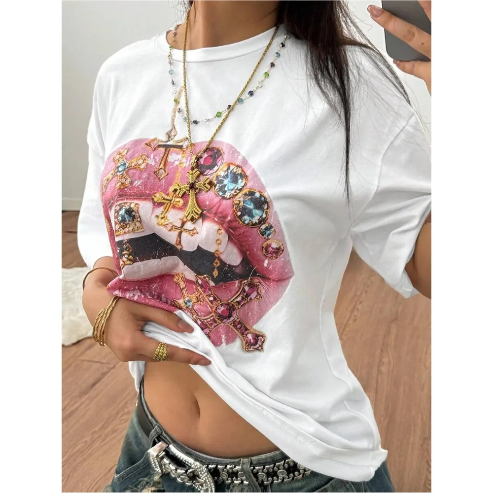Coolane Women's Summer Concert Streetwear Vintage Casual Hippie Old Money Comfortable Lips Graphics White Tees