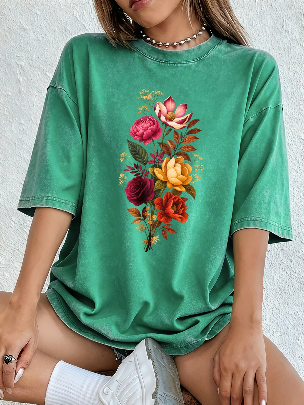 Oil Style Peony Flowers Prints Washed T-Shirts Womens Cotton Oversize T Shirt Casual Short Sleeve Tops Summer O-Neck Clothes