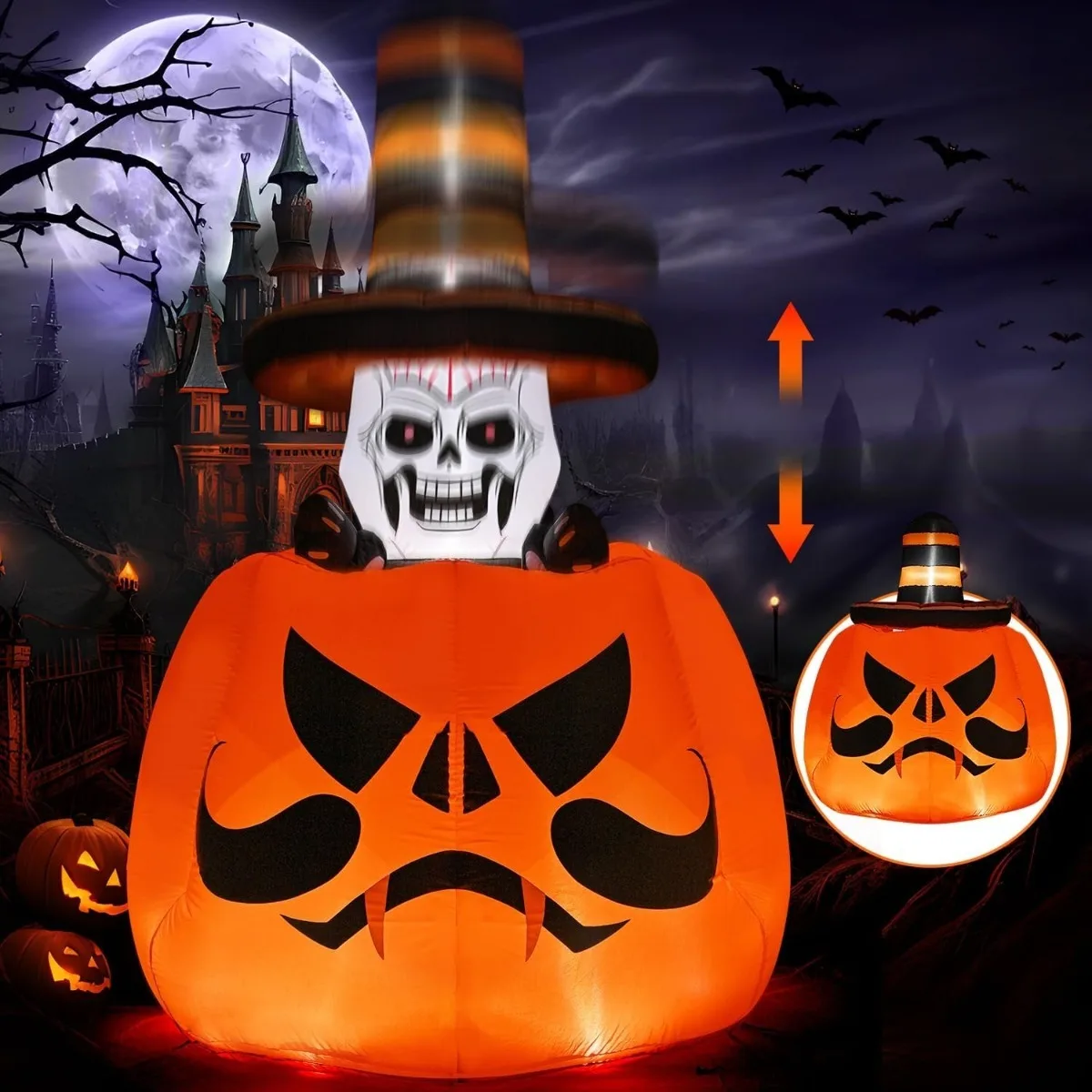 7FT Halloween Inflatable Toys Skeleton Pumpkin, Lighted Blow Up Yard Decoration Built-in LED Outdoor Garden Spooky Holiday Party