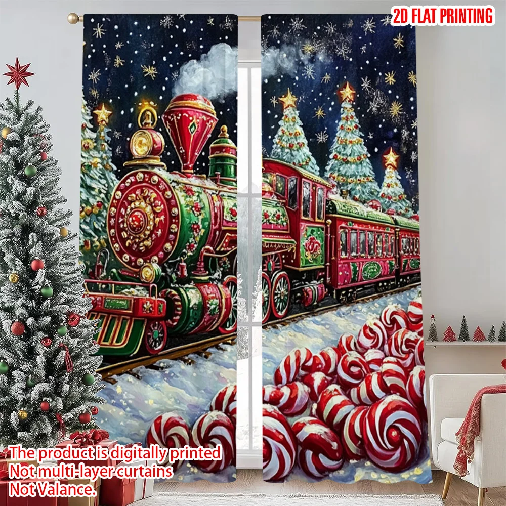 

2pcs 2D flat printing Merry Christmas Window Curtains Christmas candy train through the snow Versatile Fabric Without