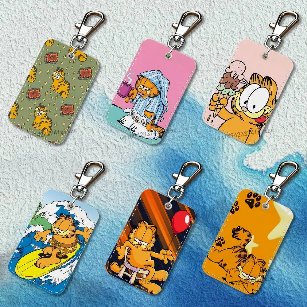 

Funny Cat-G-GarfielS-S Rectangle Card Case Keychain Access Card Bag Key Tag Ring Leather Card Holder Key Ring Access