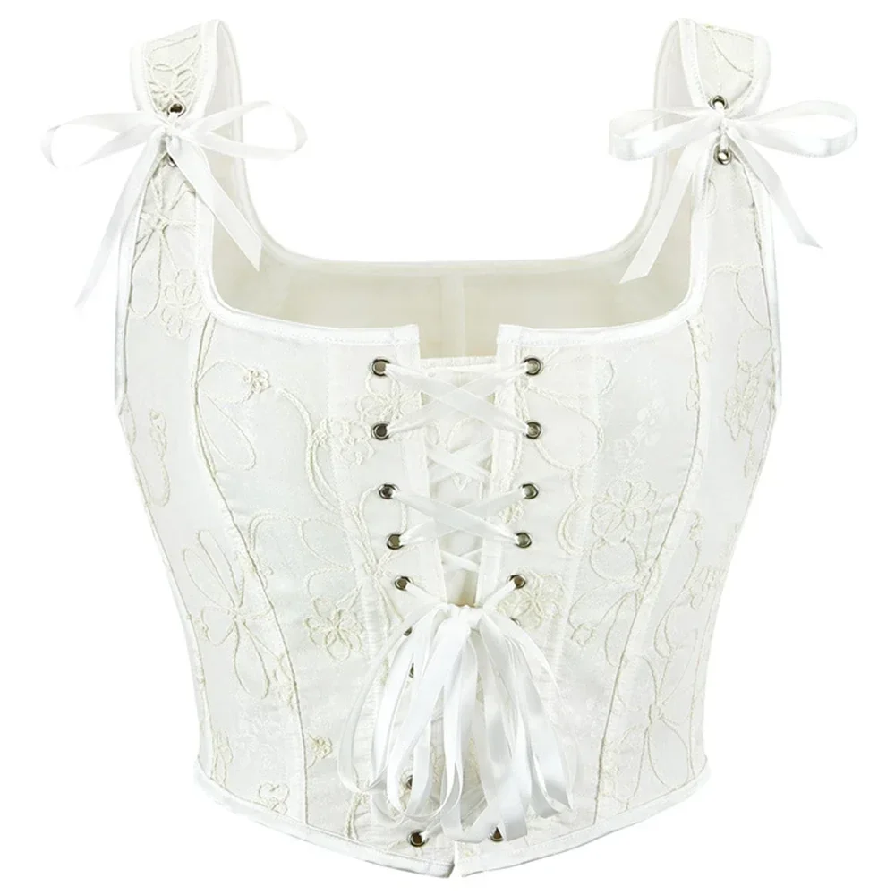 

Women Vintage White Jacquard Corset Vest Victorian Shoulder Strap Overbust Bustier Crop Top Gothic Lingerie Body Shaper Corselet
