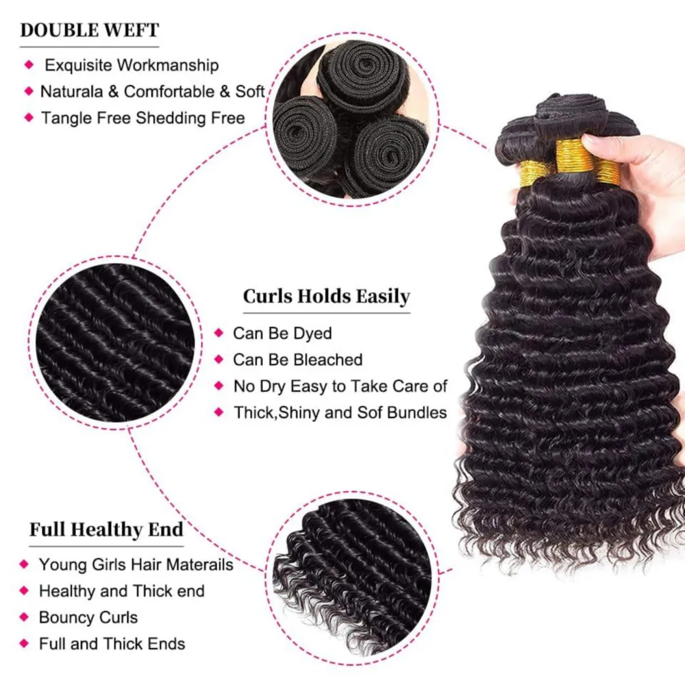 Bundles brésiliens de cheveux humains Deep Wave pour femmes, Extensions de cheveux humains bouclés vierges, Noir naturel, Document # 1B, 22 po, 24 po