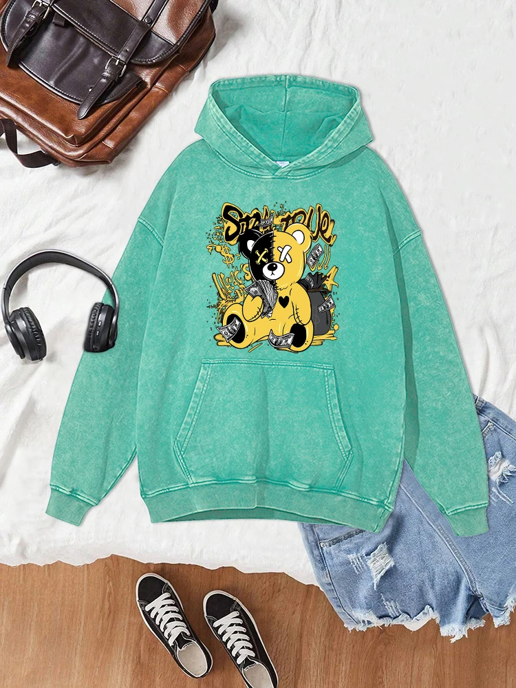 Little Bear Counting Dollars Print Men Distressed Washed Hoodie  Autumn Crew Neck Clothing Fashion Oversize Loose Casual Hoody