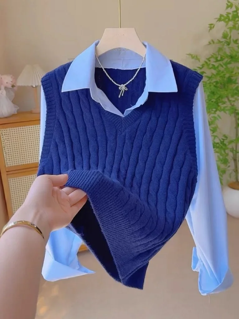 

Premium Knitted Collar Long Sve irt Fake Two-Piece Women's Faionable Vest Autumn New Sle Warmth Emitting Pure C...