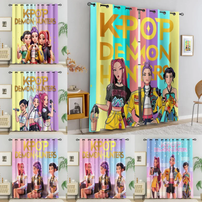 

2pcs Kpop Anime Girls Stage Curtains Colorful Stripe Print Light Blocking Blackout Windows Drapes For Girls Room Bedroom Decor