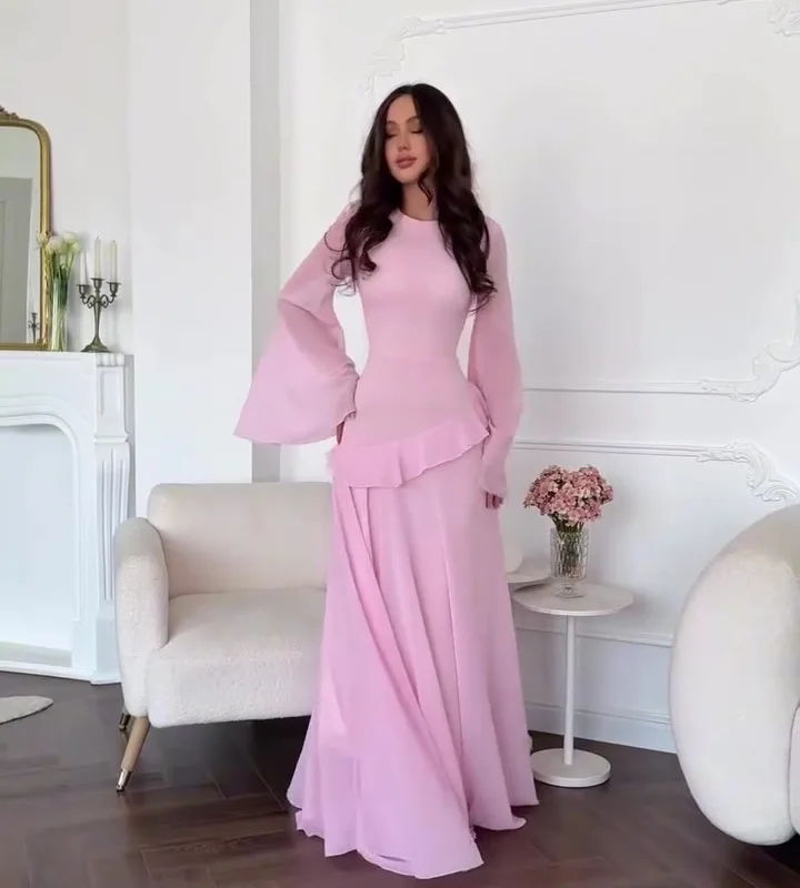 Women Solid Ruffle Chiffon Long Dress Elegant O-Neck Flare Sleeve Slim Maxi Dress 2026 New Lady Wedding Guest Evening Party Robe