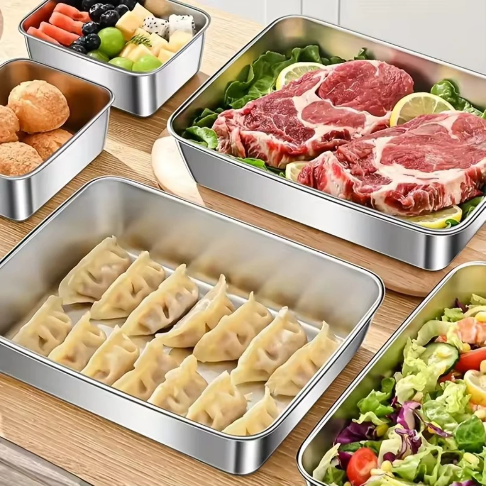 2pcs Stainless Steel Food Storage Container Rectangle Dish with Cover Noodles Fruit Tray Lunch Box Thick Refrigerator Plate